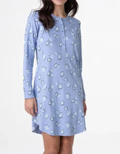 Donna LOVABLE Camicie Da Notte-Camicia da Notte Serafino Manica Lunga in Interlock, azzurro polvere stampatoREF# L0DN1