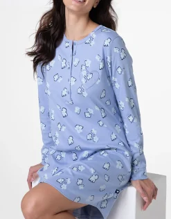 Donna LOVABLE Camicie Da Notte-Camicia da Notte Serafino Manica Lunga in Interlock, azzurro polvere stampatoREF# L0DN1