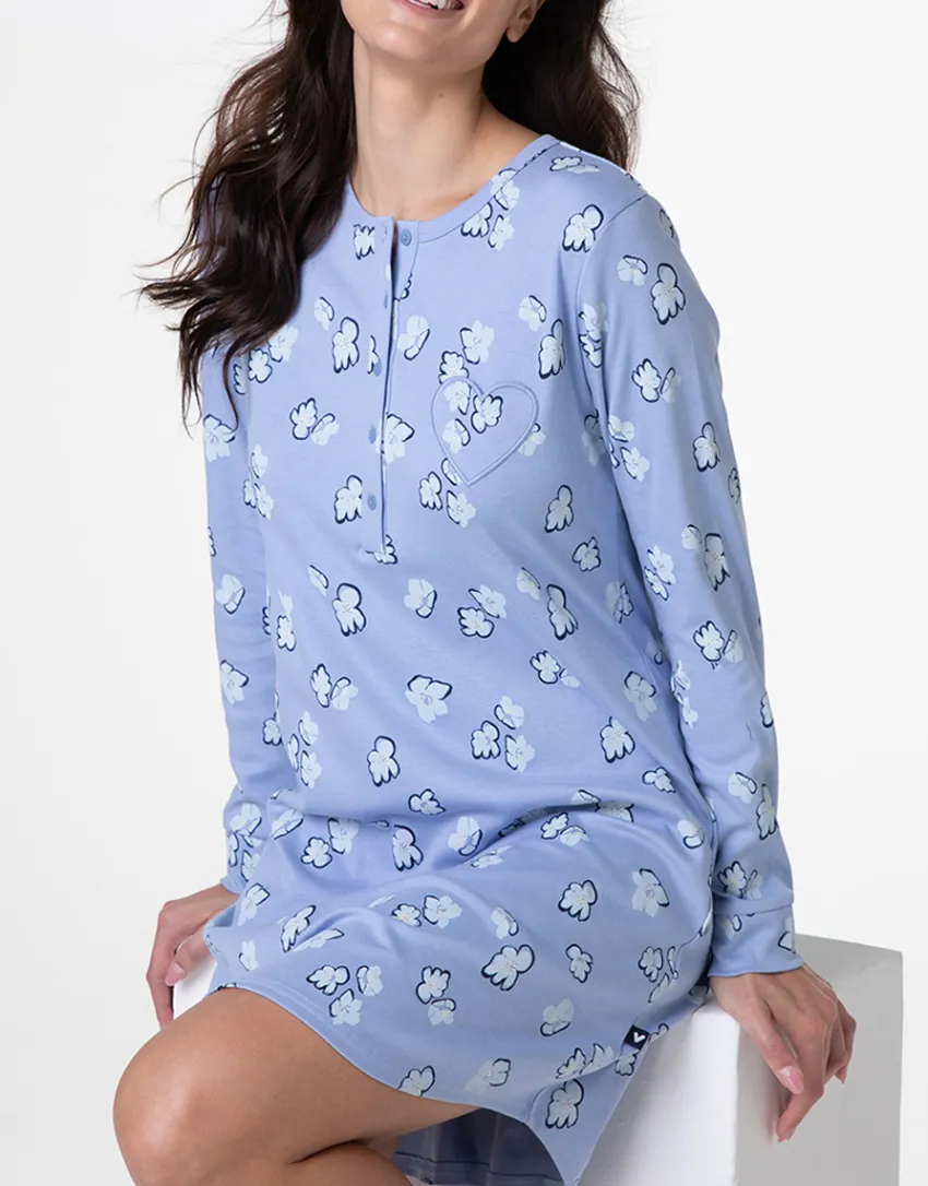 Donna LOVABLE Camicie Da Notte-Camicia da Notte Serafino Manica Lunga in Interlock, azzurro polvere stampatoREF# L0DN1