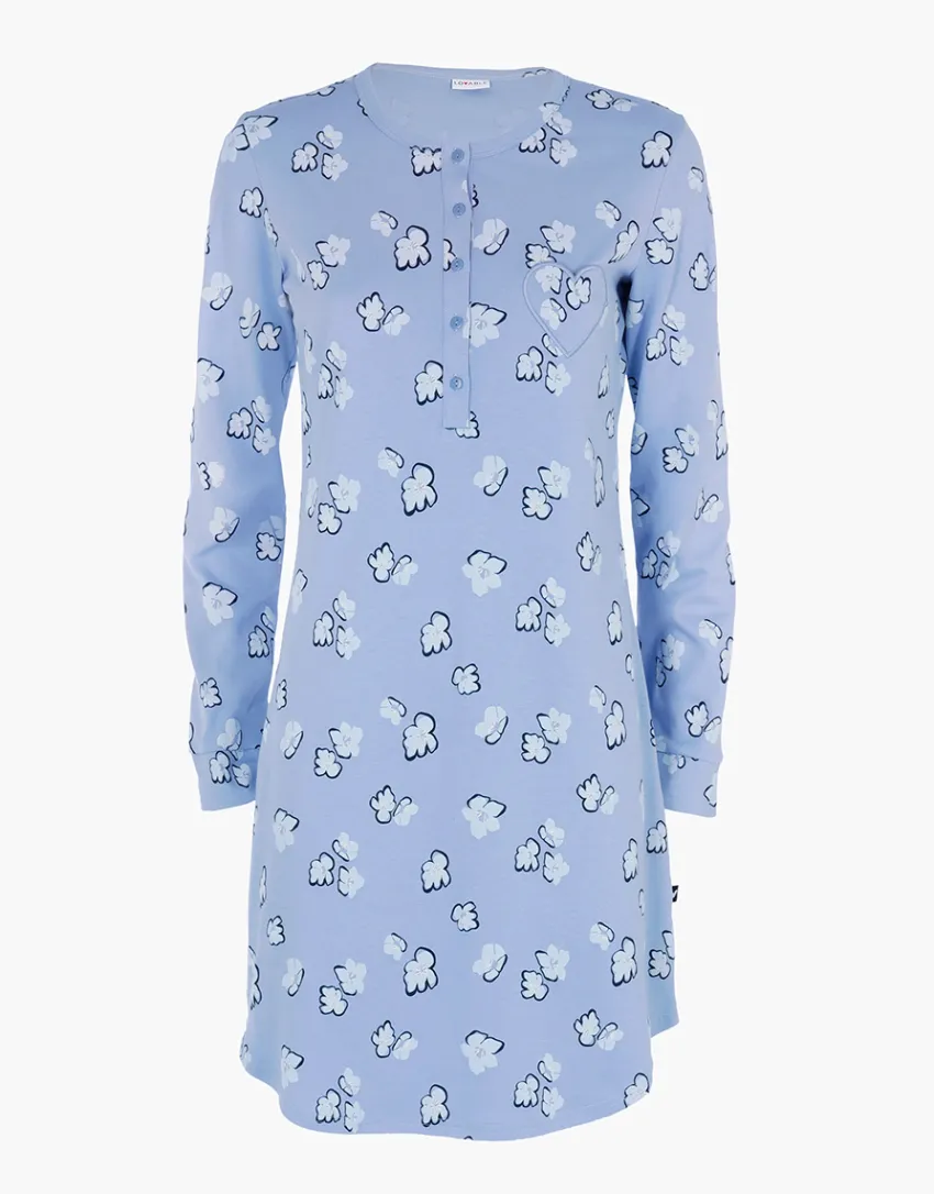 Donna LOVABLE Camicie Da Notte-Camicia da Notte Serafino Manica Lunga in Interlock, azzurro polvere stampatoREF# L0DN1