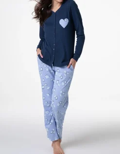 Donna LOVABLE Pigiami Donna-Pigiama Lungo Aperto in Interlock, REF# L0E9C