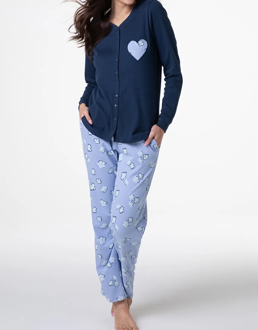 Donna LOVABLE Pigiami Donna-Pigiama Lungo Aperto in Interlock, REF# L0E9C