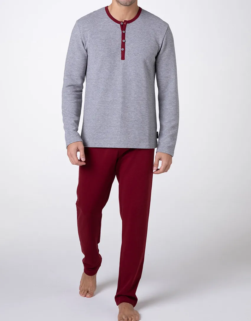 Uomo LOVABLE Pigiami-Pigiama Lungo Collo Serafino Warm Fabric e Interlock, grigio melange e bordeauxREF# L0DM7