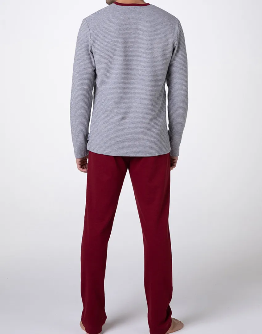 Uomo LOVABLE Pigiami-Pigiama Lungo Collo Serafino Warm Fabric e Interlock, grigio melange e bordeauxREF# L0DM7
