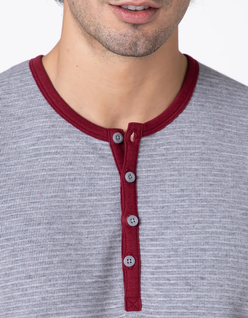 Uomo LOVABLE Pigiami-Pigiama Lungo Collo Serafino Warm Fabric e Interlock, grigio melange e bordeauxREF# L0DM7