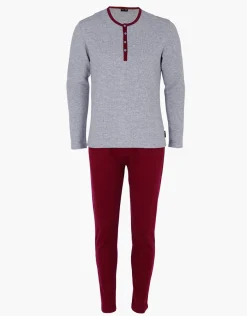 Uomo LOVABLE Pigiami-Pigiama Lungo Collo Serafino Warm Fabric e Interlock, grigio melange e bordeauxREF# L0DM7