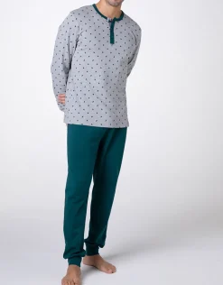 Uomo LOVABLE Pigiami-Pigiama Lungo Collo Serafino Interlock, grigio stampa alberiREF# L0DLY