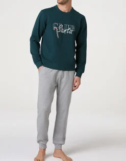 Uomo LOVABLE Pigiami-Pigiama Lungo Girocollo in Felpa e Interlock, verde scuroREF# LLELQ