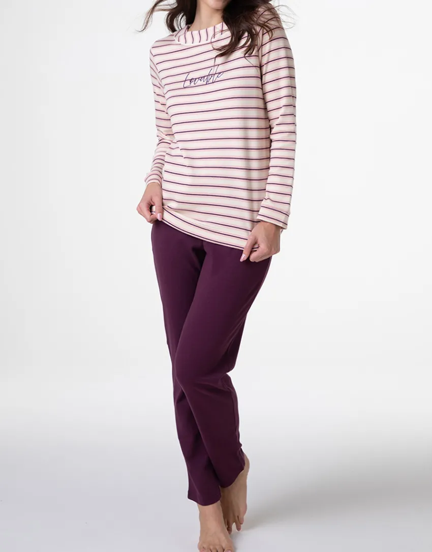 Donna LOVABLE Pigiami Donna-Pigiama Lungo in Interlock, righe avorio, rosa e vinacciaREF# L0E9B