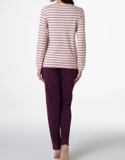 Donna LOVABLE Pigiami Donna-Pigiama Lungo in Interlock, righe avorio, rosa e vinacciaREF# L0E9B