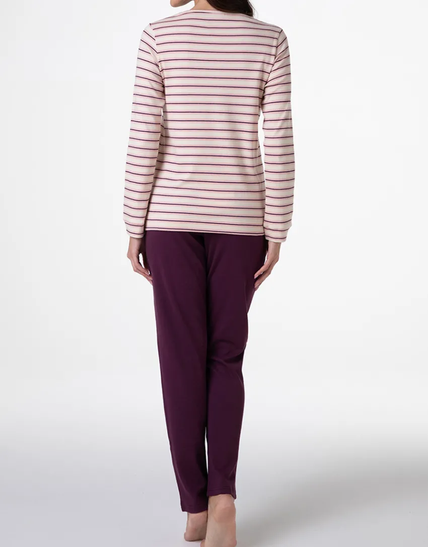 Donna LOVABLE Pigiami Donna-Pigiama Lungo in Interlock, righe avorio, rosa e vinacciaREF# L0E9B