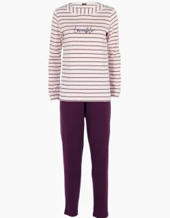 Donna LOVABLE Pigiami Donna-Pigiama Lungo in Interlock, righe avorio, rosa e vinacciaREF# L0E9B