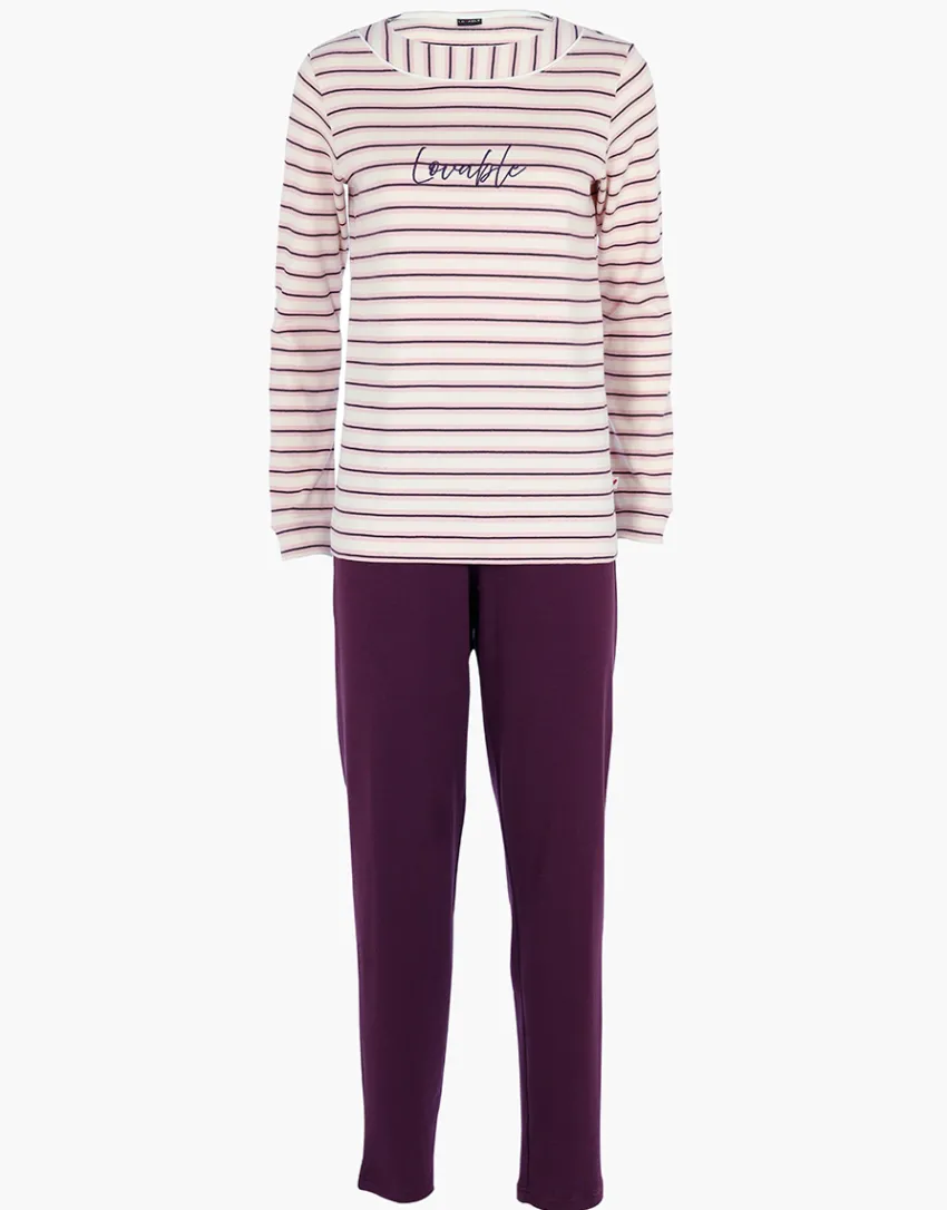 Donna LOVABLE Pigiami Donna-Pigiama Lungo in Interlock, righe avorio, rosa e vinacciaREF# L0E9B