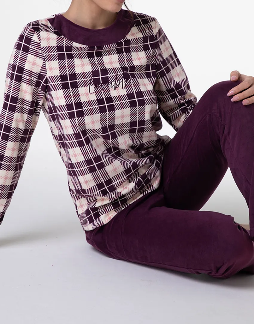 Donna LOVABLE Pigiami Donna-Pigiama Lungo in Micropile, tartan vinacciaREF# L0E9F