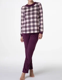 Donna LOVABLE Pigiami Donna-Pigiama Lungo in Micropile, tartan vinacciaREF# L0E9F
