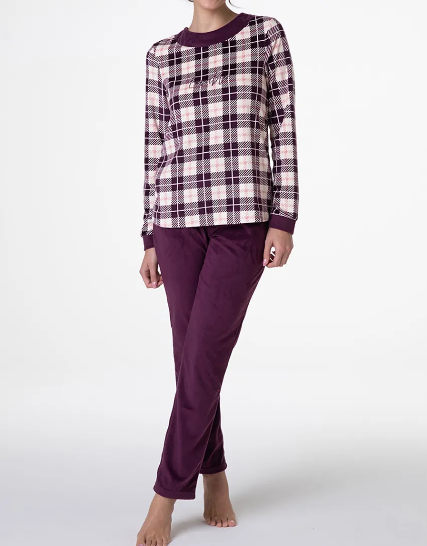 Donna LOVABLE Pigiami Donna-Pigiama Lungo in Micropile, tartan vinacciaREF# L0E9F