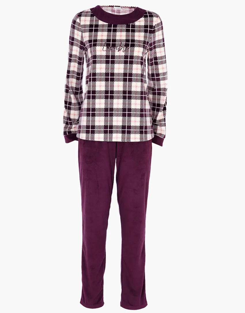 Donna LOVABLE Pigiami Donna-Pigiama Lungo in Micropile, tartan vinacciaREF# L0E9F