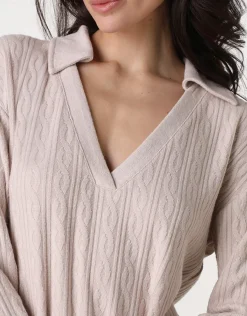 Donna LOVABLE Homewear|Pigiami Donna-Pigiama Lungo scollo a V in maglia, panna rosatoREF# LLELJ