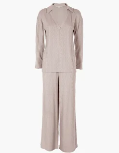 Donna LOVABLE Homewear|Pigiami Donna-Pigiama Lungo scollo a V in maglia, panna rosatoREF# LLELJ