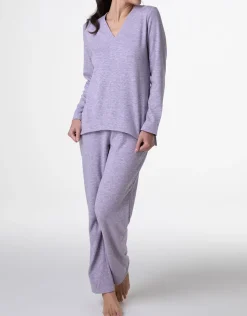 Donna LOVABLE Pigiami Donna-Pigiama Lungo scollo a V in Interlock garzato, REF# L0DNG