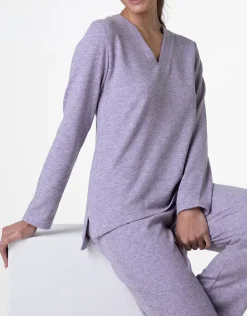 Donna LOVABLE Pigiami Donna-Pigiama Lungo scollo a V in Interlock garzato, REF# L0DNG