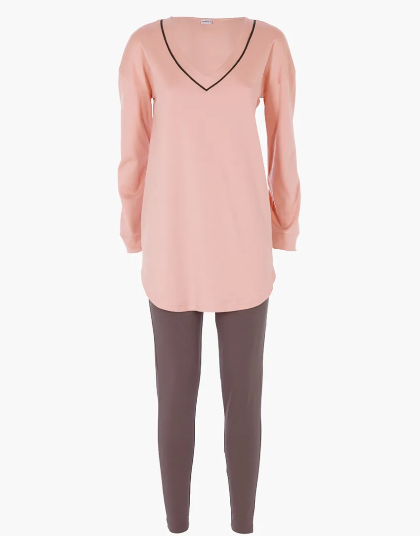 Donna LOVABLE Pigiami Donna-Pigiama Lungo Scollo a V in Interlock, rosa REF# L0ELE